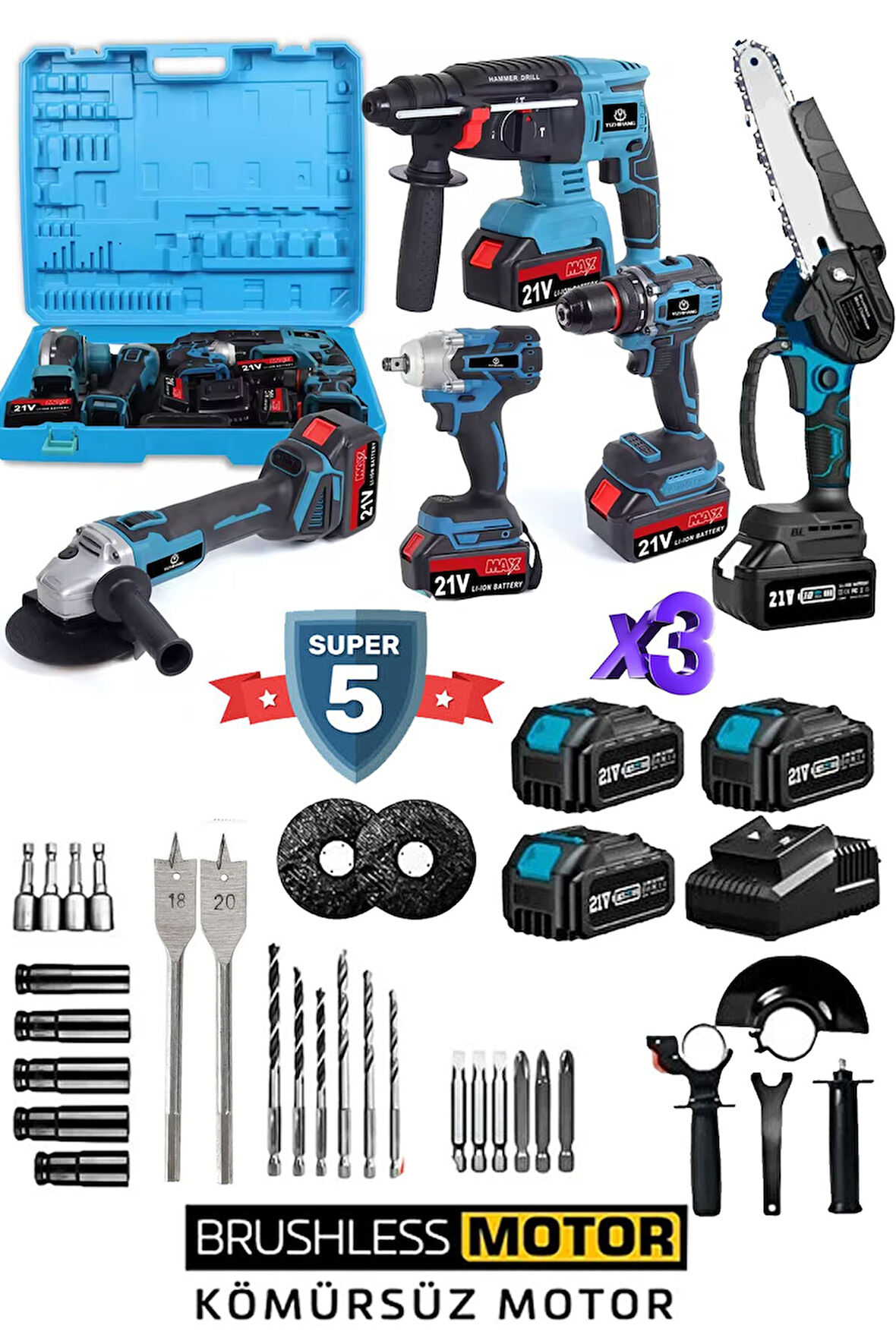 Kömürsüz Seri 5’li Güç Seti + 20 Aksesuar | Akülü Budama, Matkap, Kırıcı, Taşlama, Somun Sökme