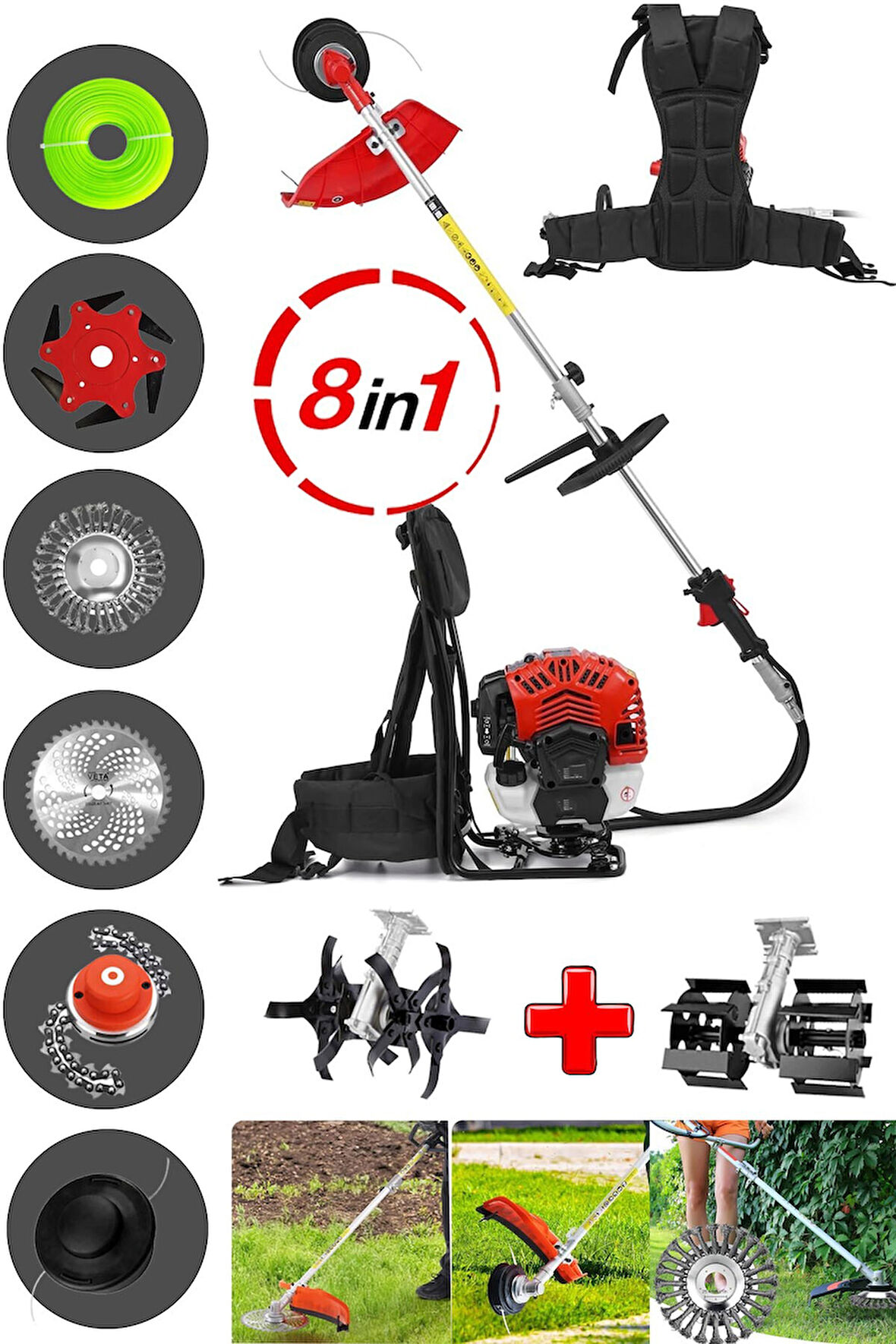 Full Set 8 Başlıklı Arazi Seti Benzinli Sırt Tipi Tırpan Ot Çalı Çim Kenar Biçme Tırpanı Çapalama