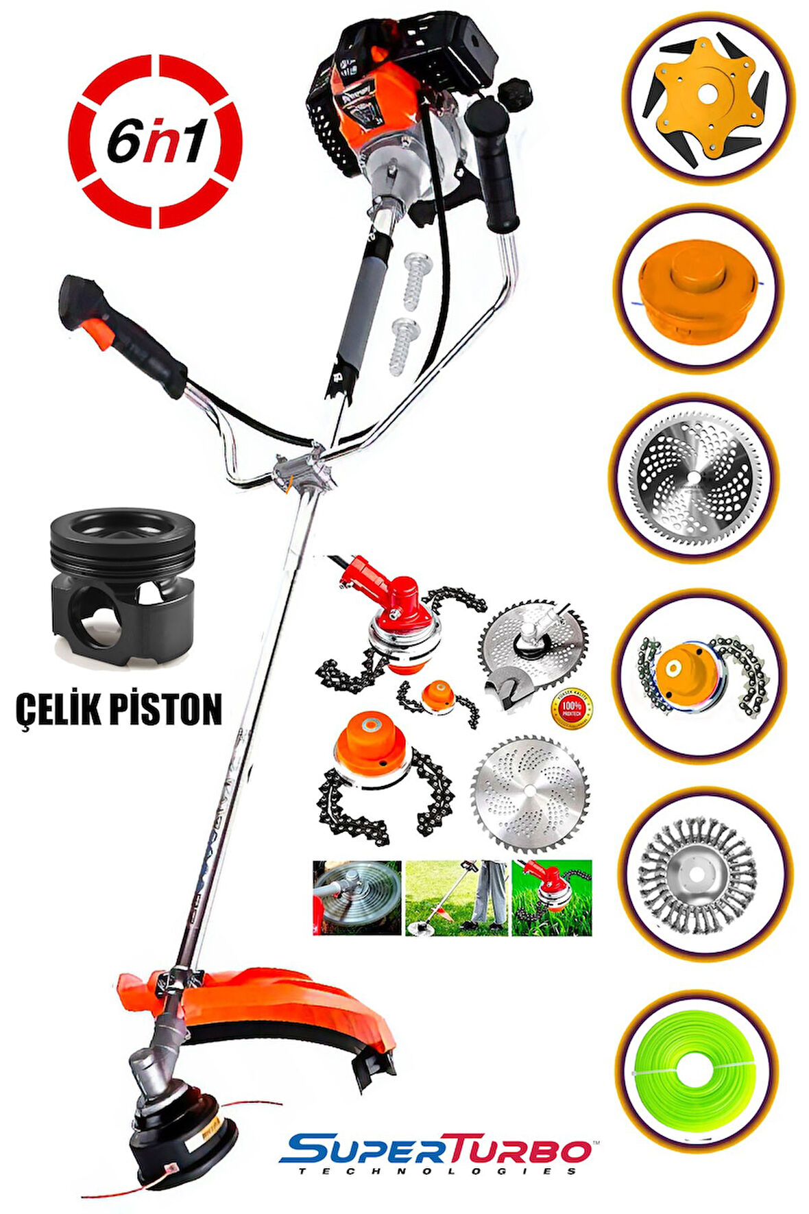 6IN1 6 Parça Fonksiyonlu Kömürsüz Seri Benzinli Yan Tip Tırpan Ot Biçme Tırpanı 20HPX Çelik Motor 