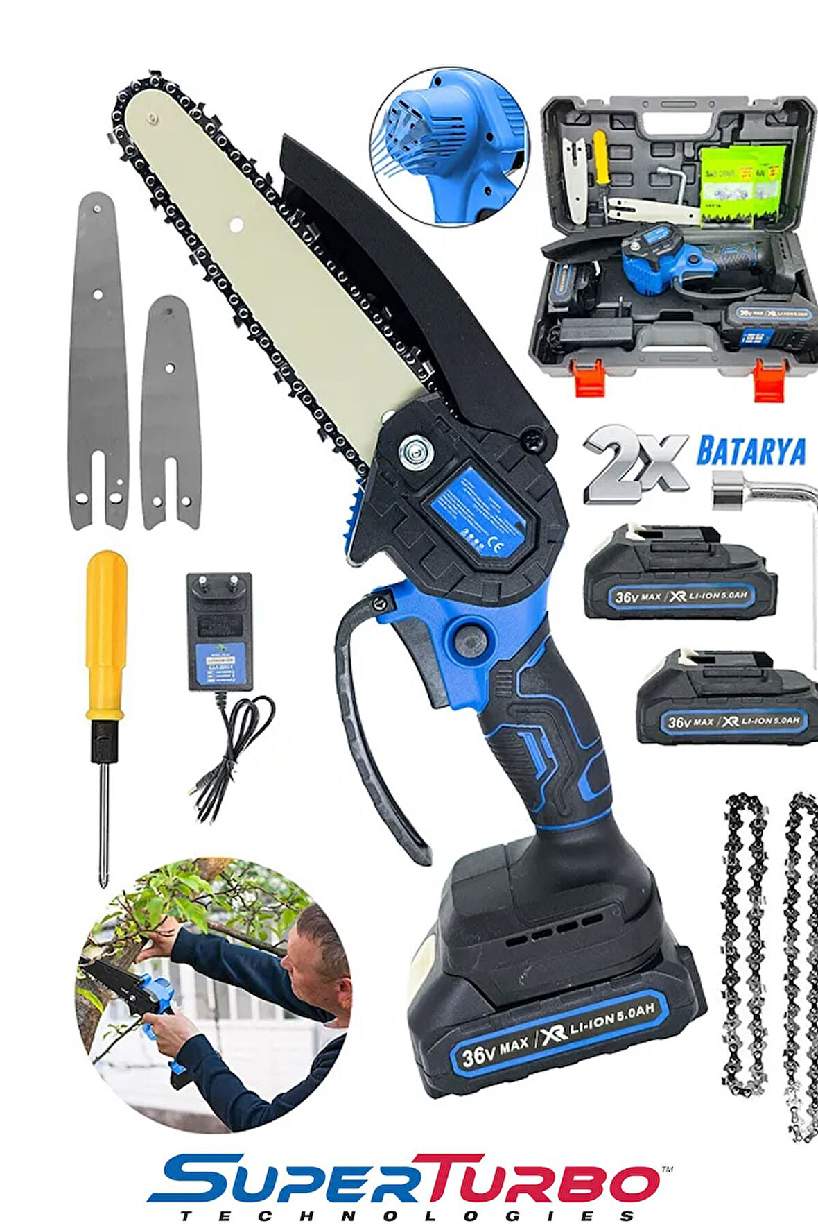 36V Kömürsüz Dal Budama Testeresi – Çift Uzun Kısa Pala x2 Zincir, Çift Batarya ile Uzun Süre Kesim