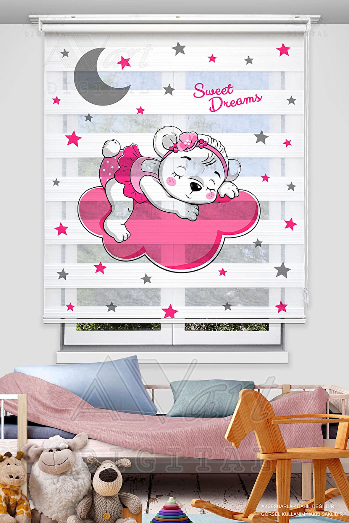Sevimli Uyuyan Ayıcık Baskılı Çocuk Odası Perdesi - Pembe - Dijital Baskılı Zebra Stor Perde