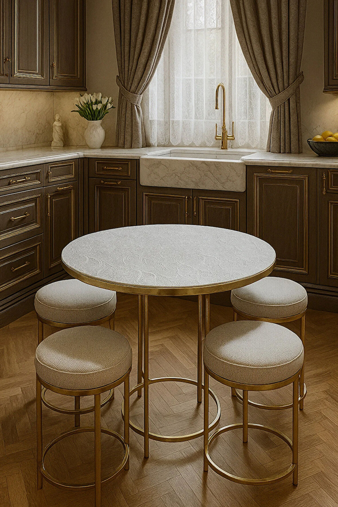 Yuvarlak Orta Sehpa Masa Örtüsü – Hasır Lüks PVC Silinebilir, Çiçek Desenli, Şeffaf