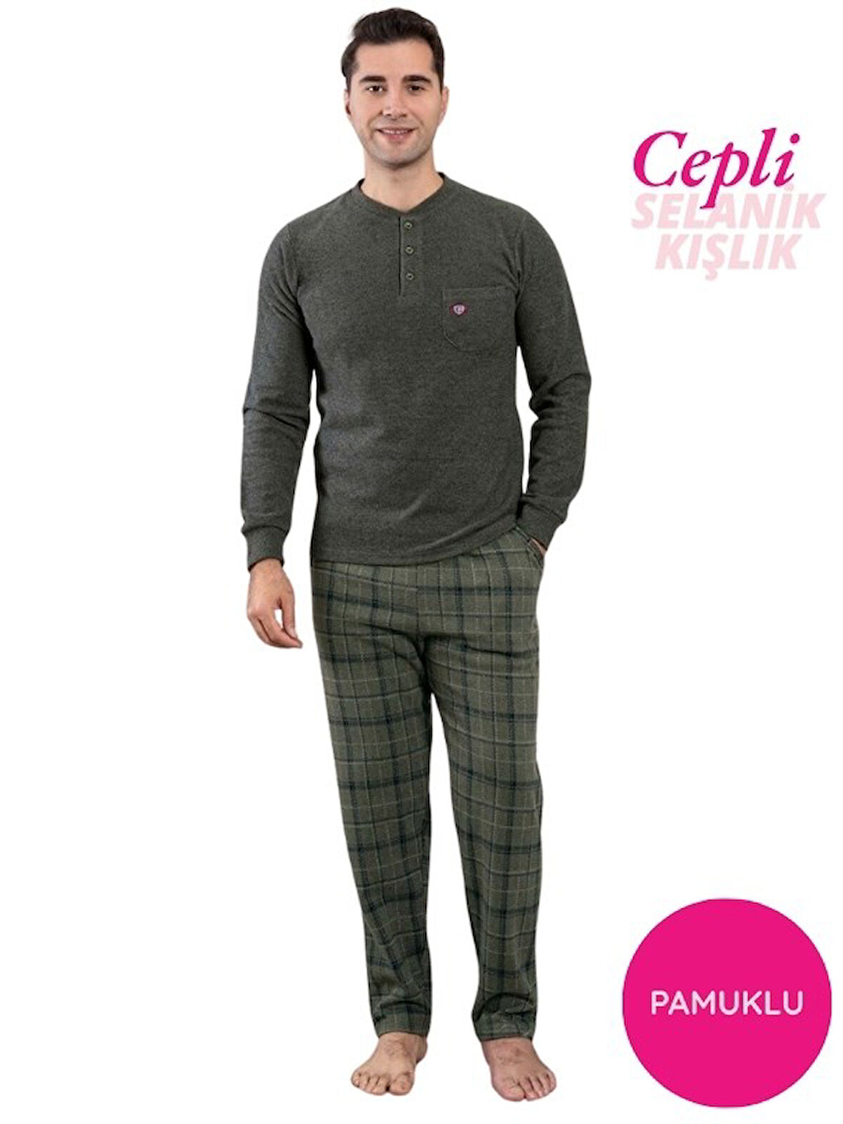 Erkek 3 Düğme Göğüs Cepli Kışlık Pamuklu Selanik Kumaş Uzun Manşetli Kol Cepli Pijama Takımı 