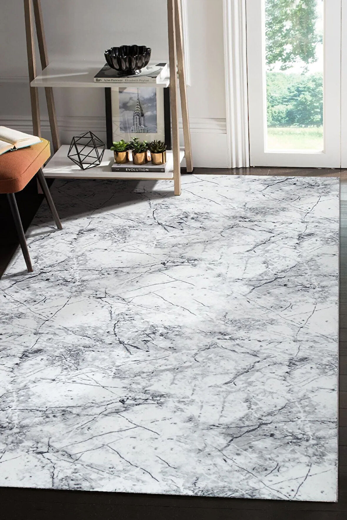 Silvia Vl Makinede Yıkanabilir Dayanıklı Kaymaz Taban Antialerjik Halı Gri-Beyaz-Siyah