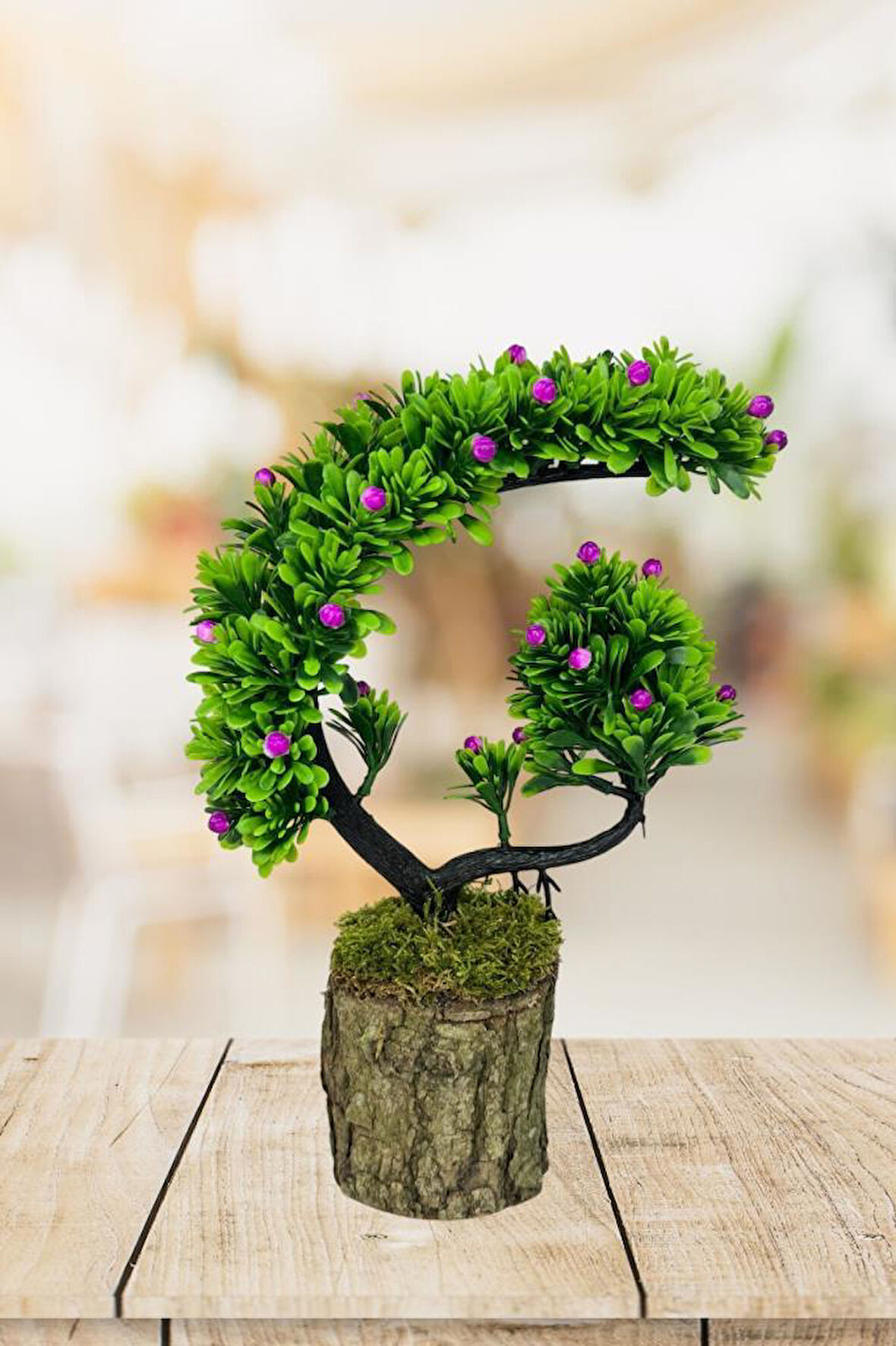 Yapay Çiçek Bonsai Ağacı Kütük Saksıda Lila Tomurcuklu Hilal Model Dekoratif Yapay Ağaç Bonzai 30*20 CM
