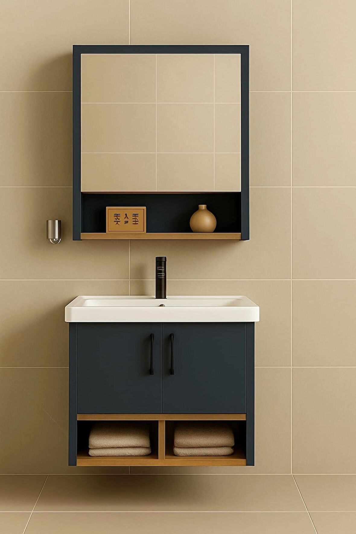 Legna 65 cm Banyo Dolabı Takımı – Antrasit & Ahşap – MDF – Seramik Lavabolu – Alt ve Üst Dolaplı