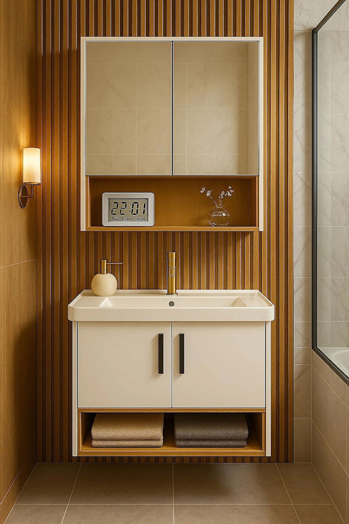 Legna 80 cm Beyaz & Ahşap Renkli– Alt ve Üst Dolap (Lavabo Dahil)- Banyo Dolabı Takımı