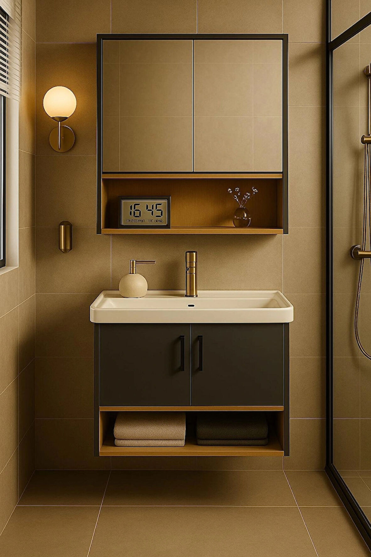 Legna 80 cm Antrasit & Ahşap renkli -  Alt ve Üst Dolap (Lavabo Dahil) - Banyo Dolabı Takımı