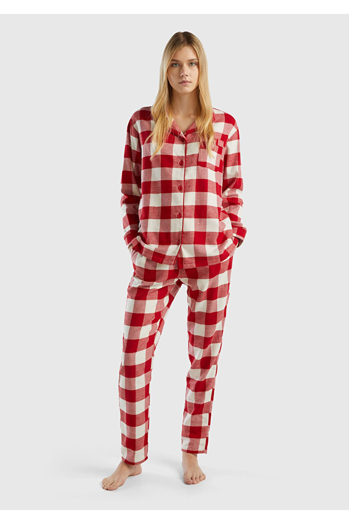 Kadın Kırmızı Mix Ekose Desenli Düğmeli Pijama Takımı