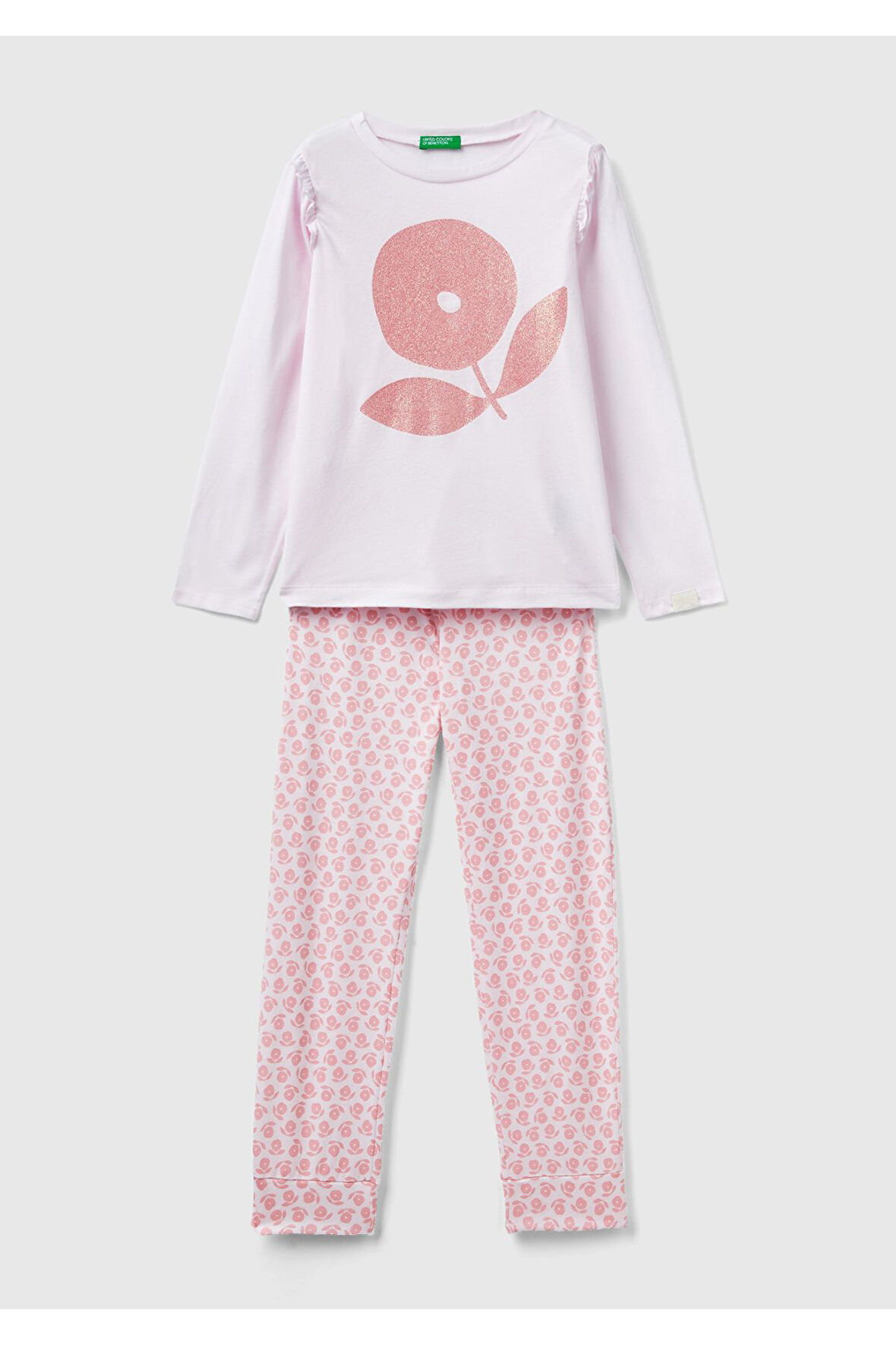 Kız Çocuk Toz Pembe Çiçek Desenli Pijama Takımı