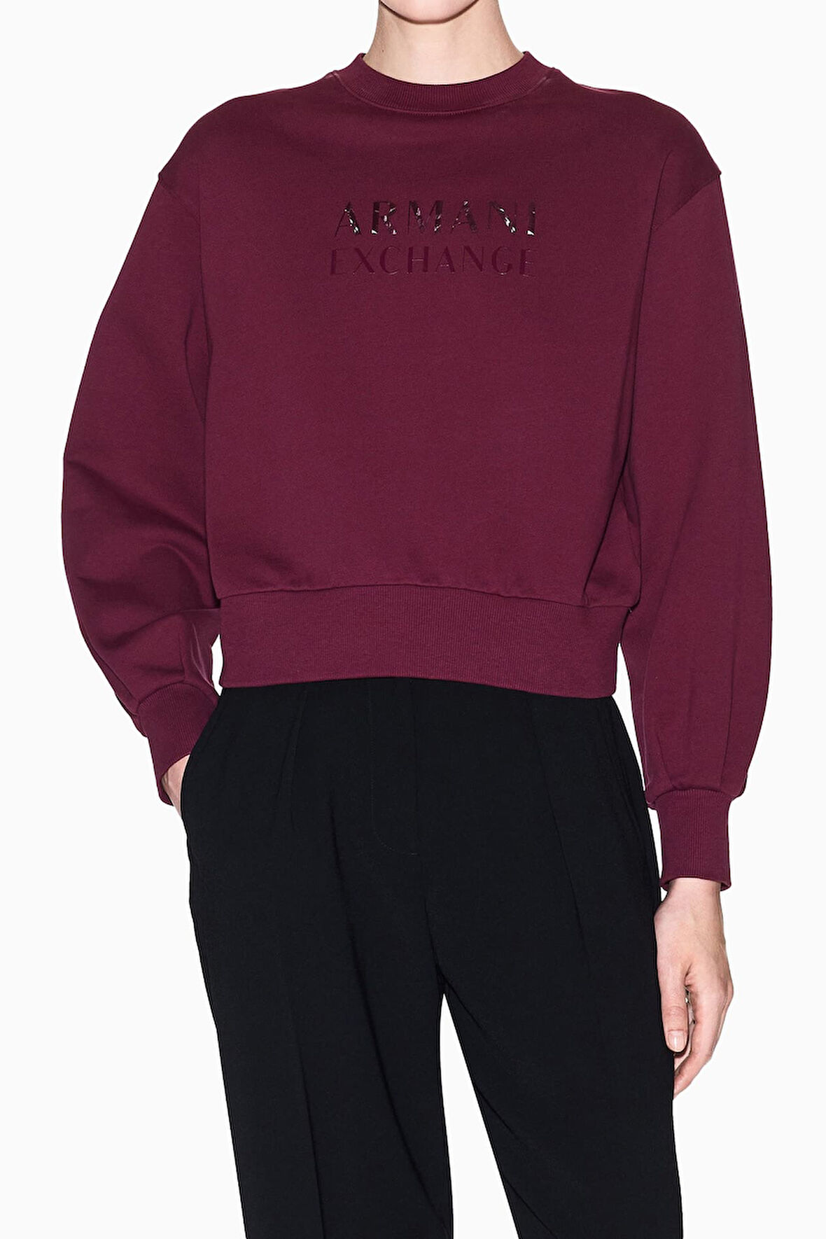 Kadın Balon Kollu Crop Sweatshirt - Mürdüm | XS