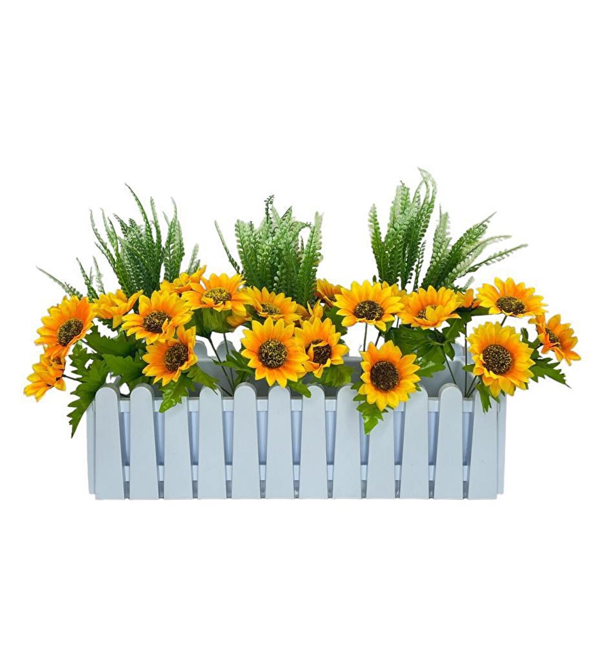 Yapay Çiçek Beyaz Çit Balkon Saksısı Ay Çiçekli 55*20cm