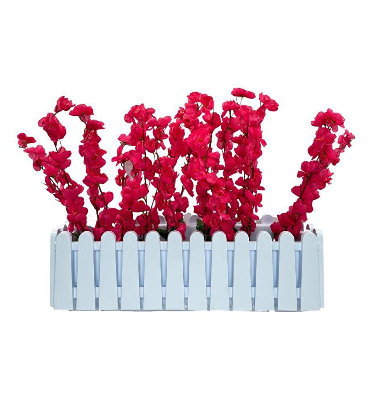 Yapay Çiçek Beyaz Çit Balkon Saksısı Fuşya Bahardalı 55*20cm