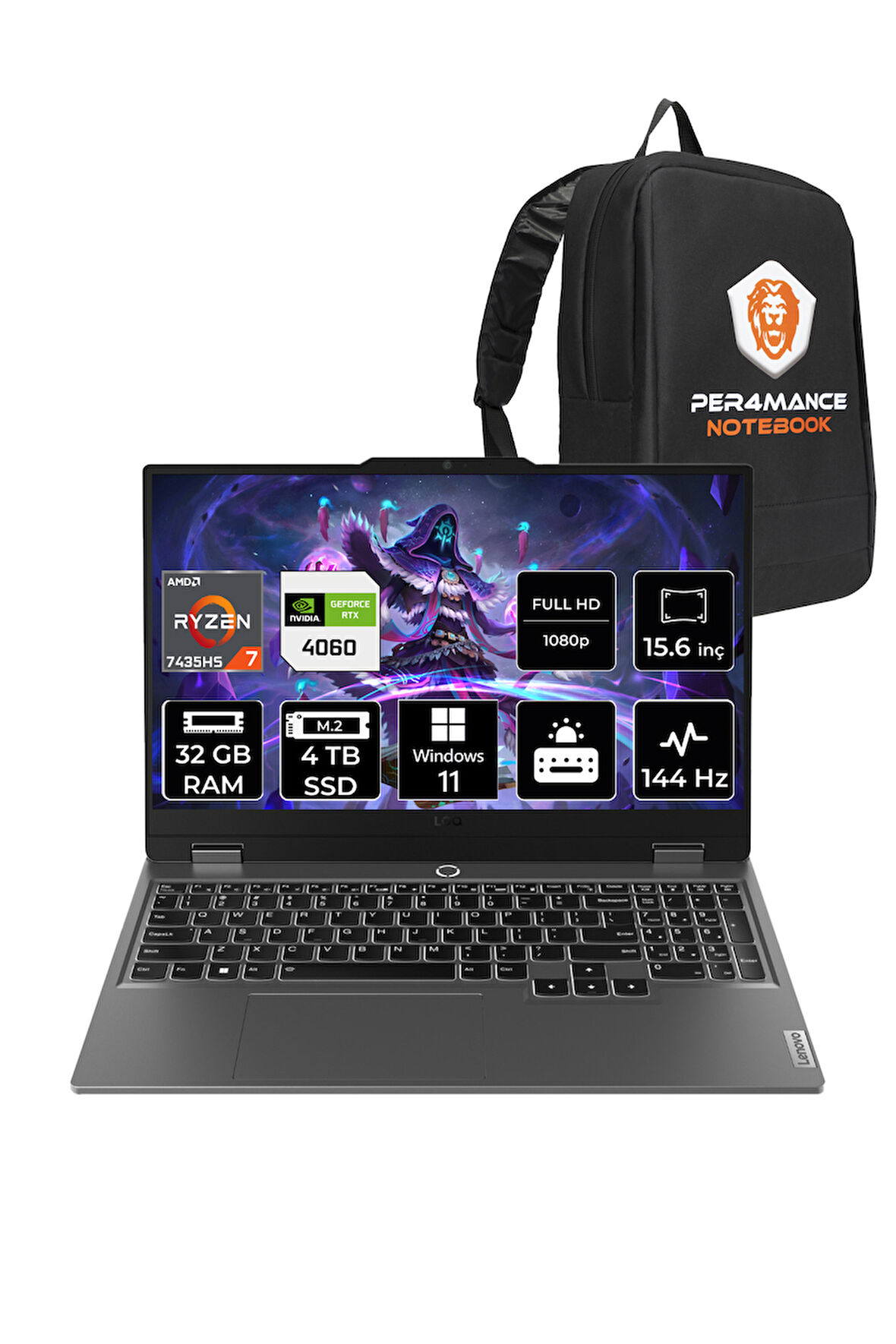 Lenovo LOQ R7 7435HS 32GB 4TB SSD RTX4060/8GB 105W 144Hz FHD 15.6" W11H Gaming Laptop & PER4 ÇANTA