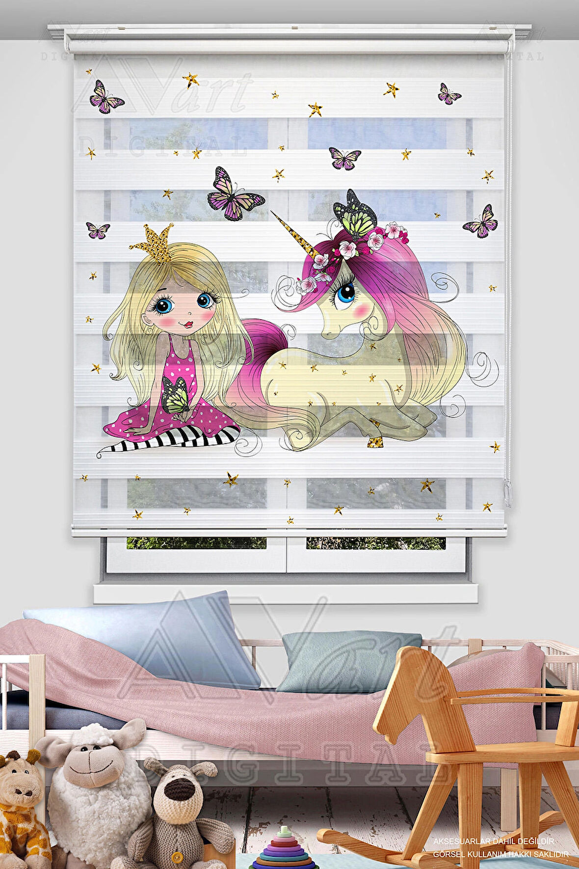 Prenses Ve Unicorn Baskılı Çocuk Odası Perdesi - Dijital Baskılı Zebra Stor Perde