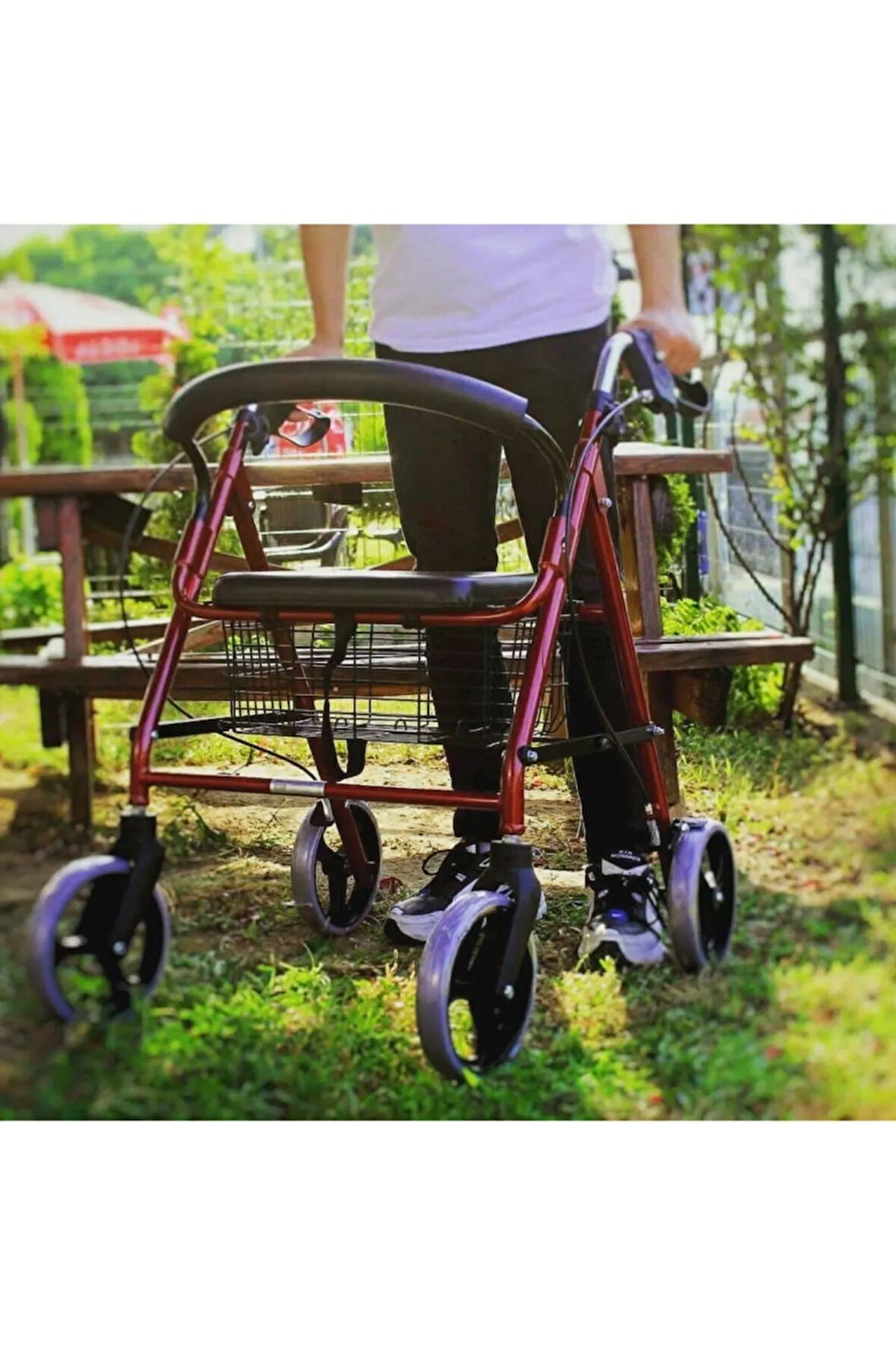 POYLİN Tekerlekli Frenli Sepetli Oturaklı Dört Tekerlekli Yürüteç Rolatör