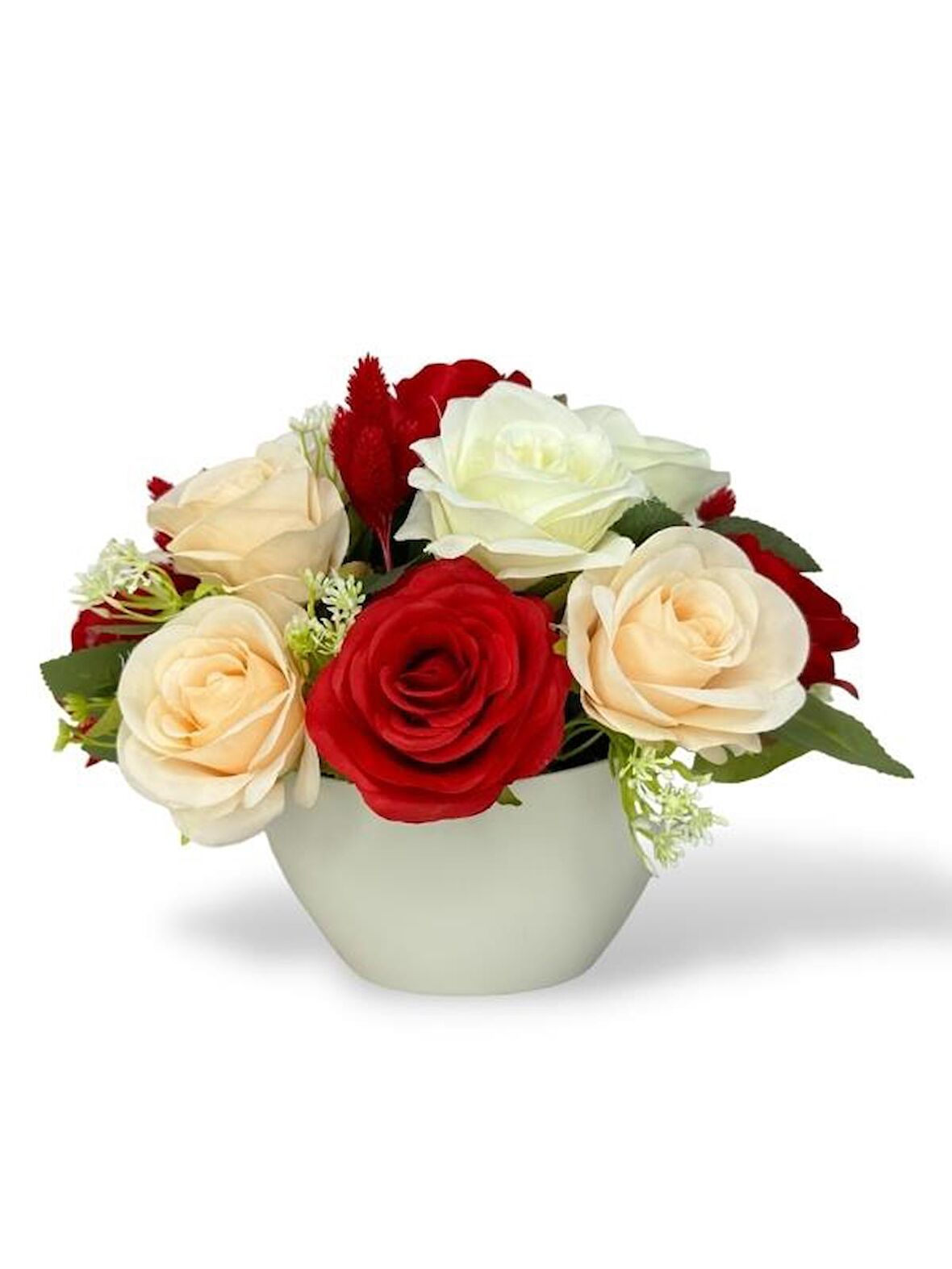Yapay Çiçek Aranjmanı Gondol Vazoda Kırmızı Beyaz Tonlarında Güller 