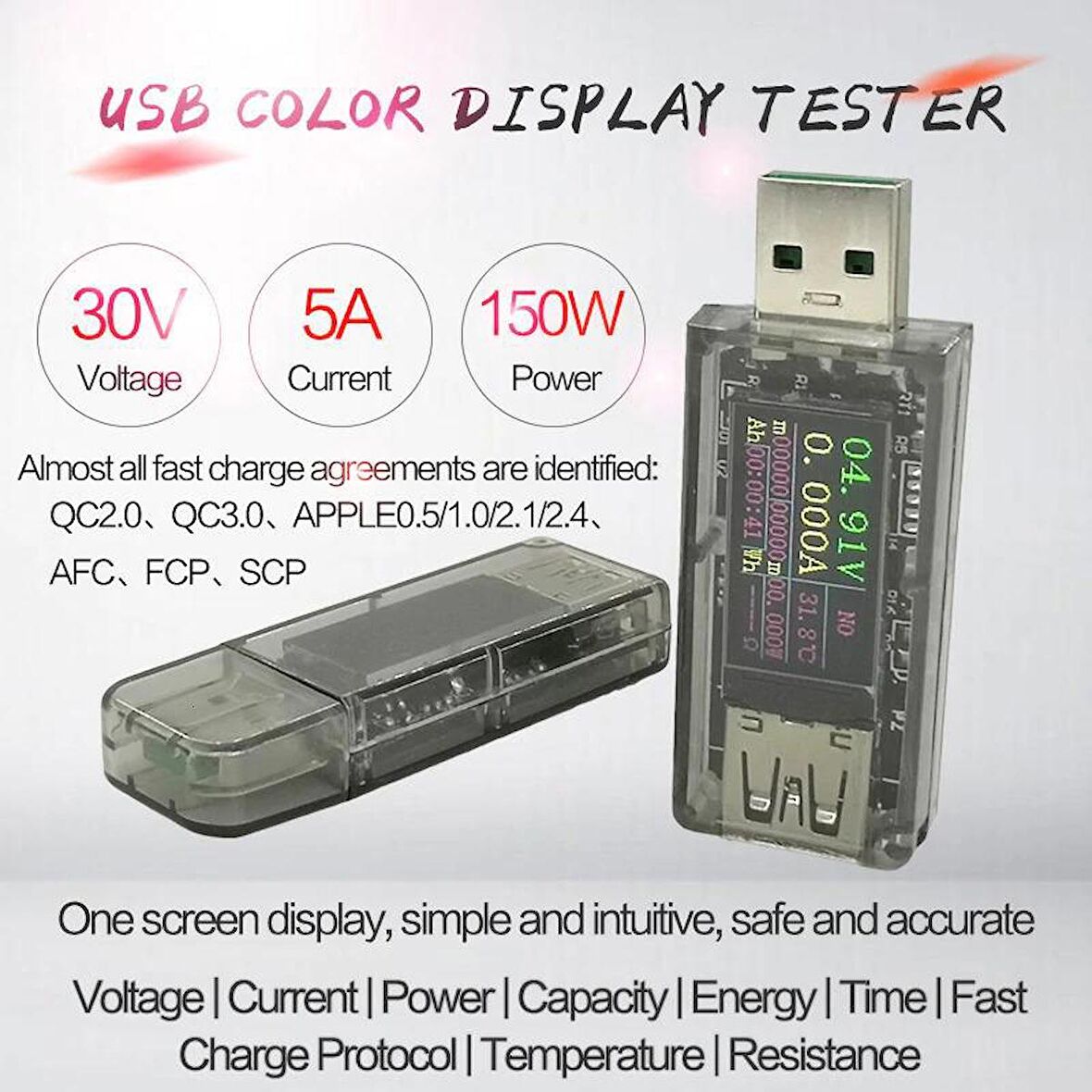 5A 30V USB Renkli Dijital Ekran Voltmetre Ampermetre Akım Ölçer 