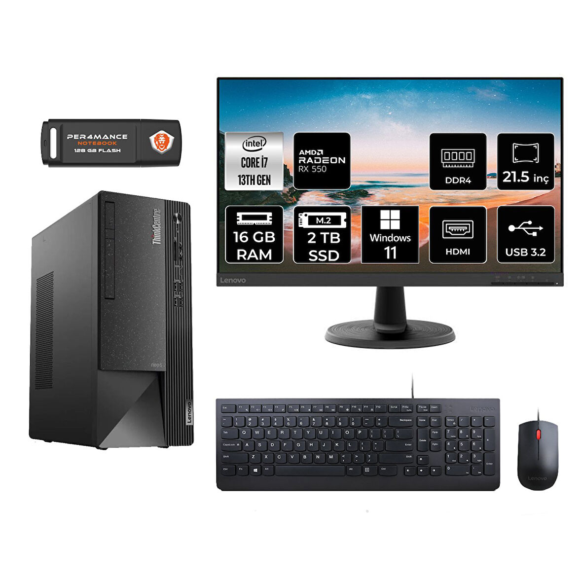 LENOVO Neo 50T M08TRD214 i7 13700 16GB RAM 2TB SSD RX550 4GB 21.5" W11H MASAÜSTÜ PC