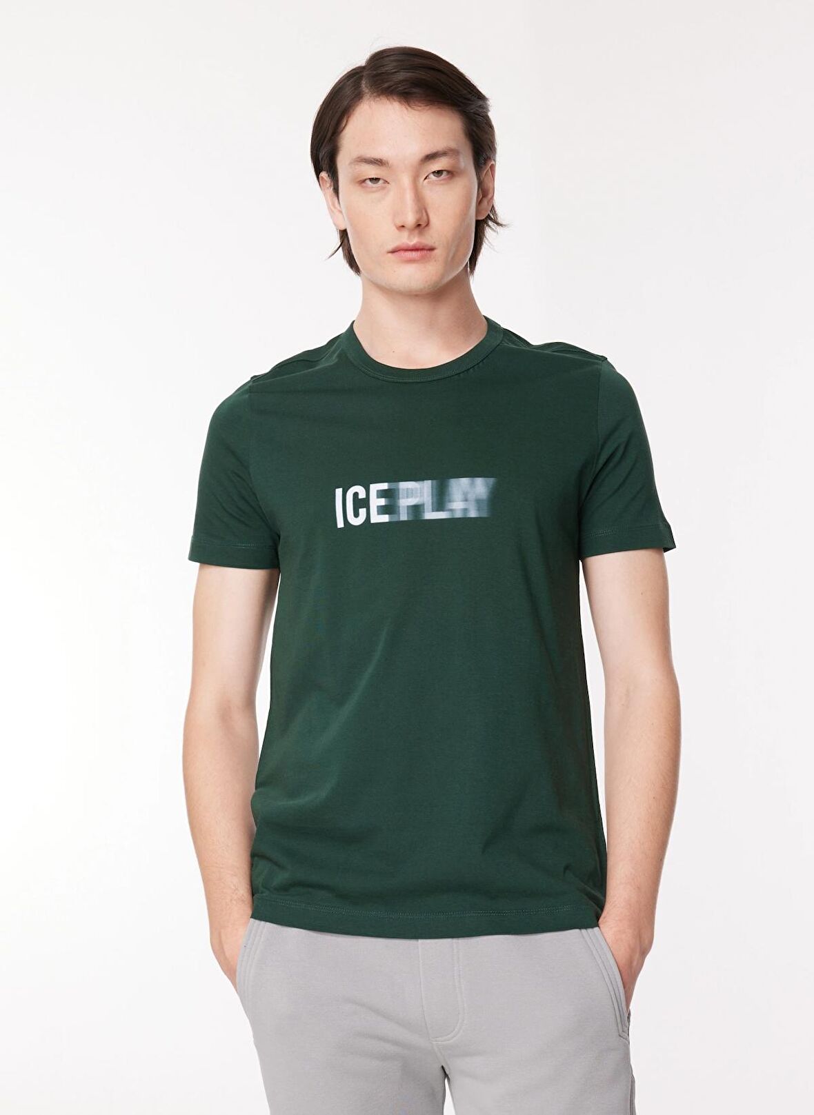 İce Play Bisiklet Yaka Düz Koyu Yeşil Erkek T-Shirt 23IU1M0F013P400_T-SHIRT JERSEY