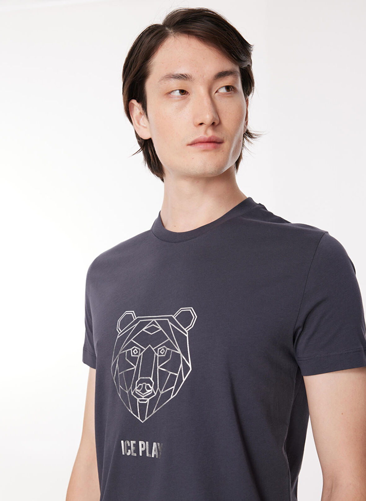 İce Play Bisiklet Yaka Düz Gri Erkek T-Shirt 23IU1M0F01D6324_t-shirt JERSEY