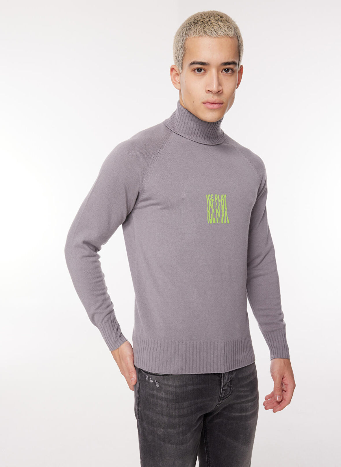 İce Play Balıkçı Yaka Normal Emprime Gri - Pembe Erkek Kazak 23IU1M0A0099013_MAGLIA LUPETTO