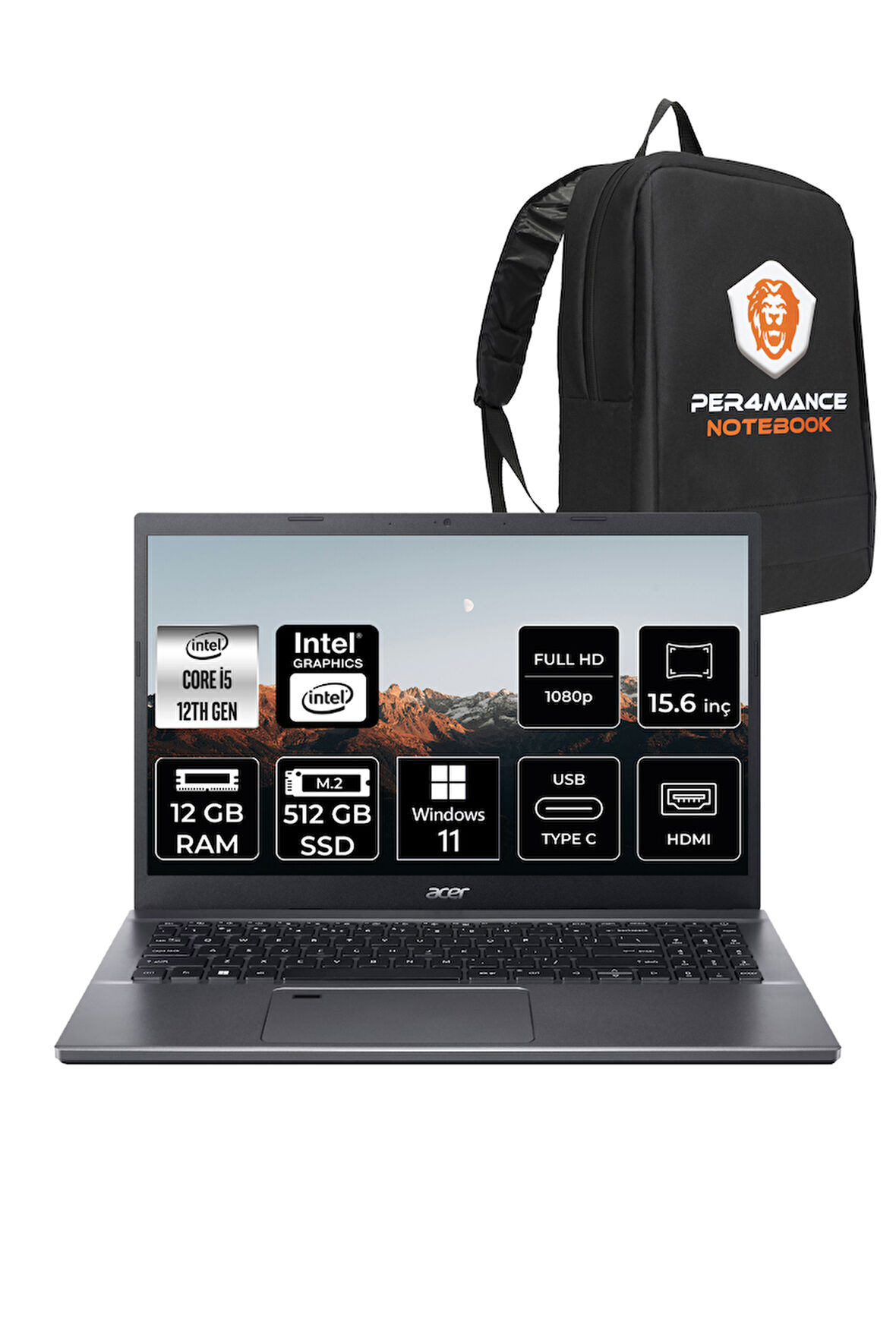 ACER Aspire 5 i5 12450H 12GB RAM 512GB SSD 15.6'' FHD W11H Taşınabilir Bilgisayar & PER4 ÇANTA