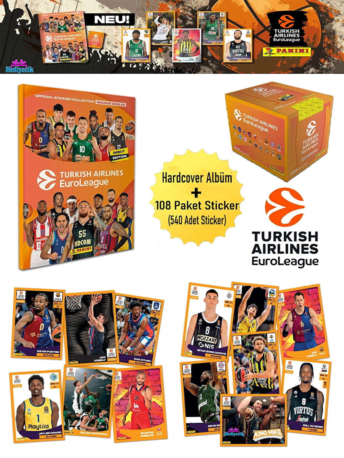 Panini 2025 Turkish Airlines Euro League Sticker Özel Koleksiyon Albümü Seti 108 Paket (540 Adet)