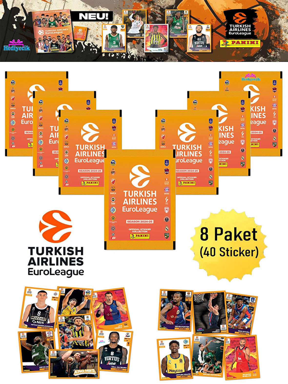 Panini Turkish Airlines Euroleague 2025 Sticker Seti 8 Paket (40 Adet)