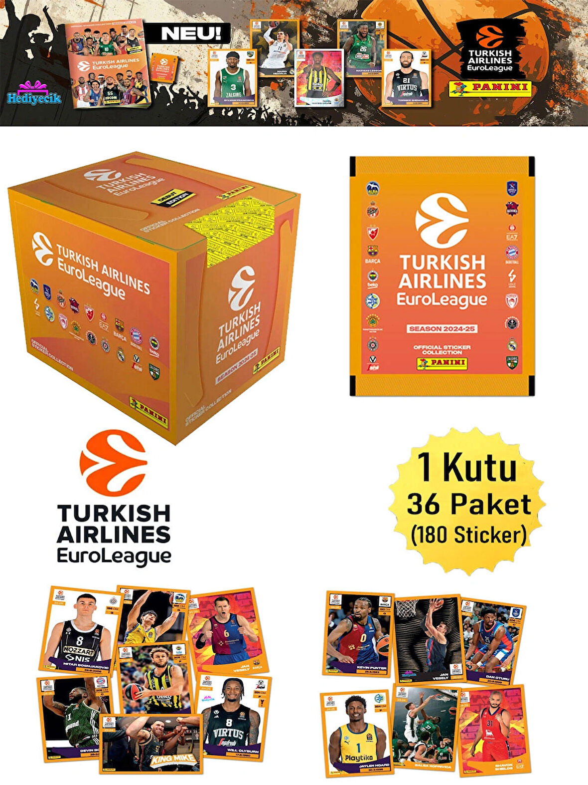 Panini Turkish Airlines Euroleague 2025 Sticker Seti 1 Kutu (36 Paket)