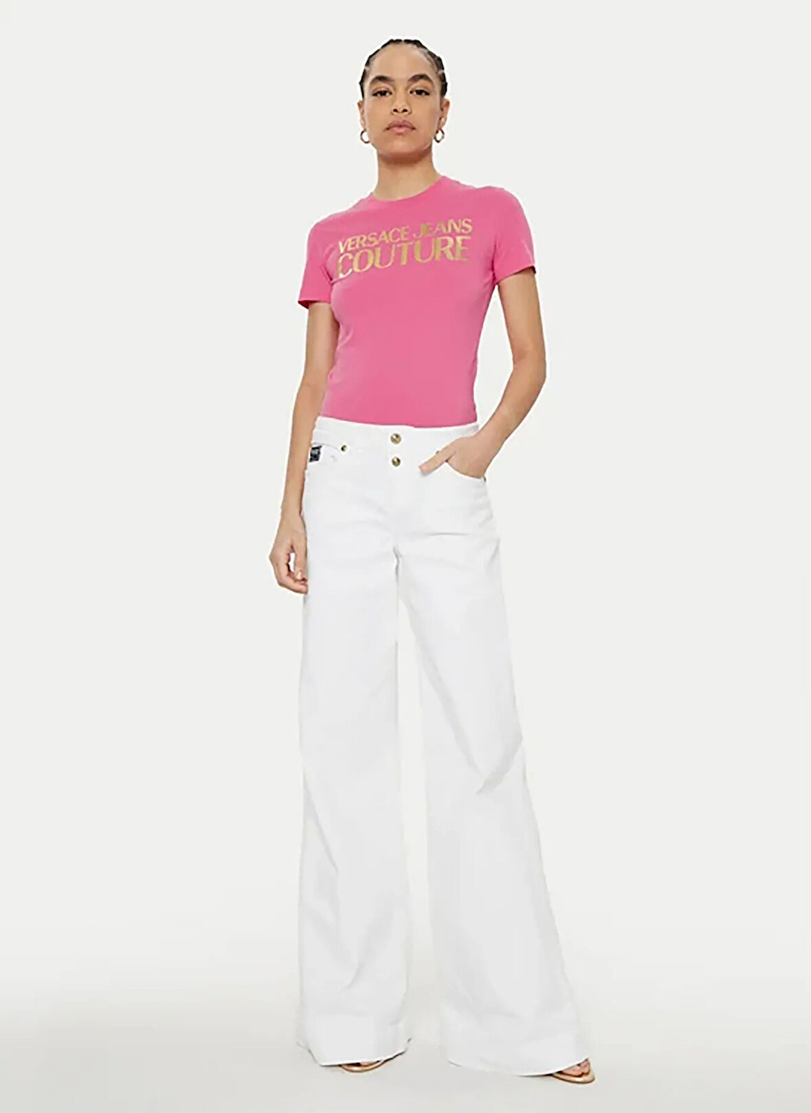 Versace Jeans Couture Yuvarlak Yaka Baskılı Pembe Kadın T-Shirt 78HAHT01