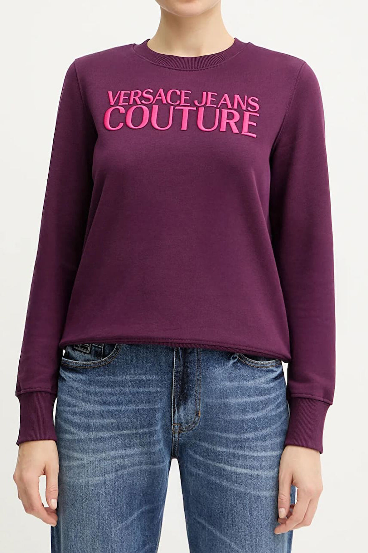 Kadın Regular Fit Nakışlı Yazı Logolu Bisiklet Yaka Sweatshirt - Mor | S