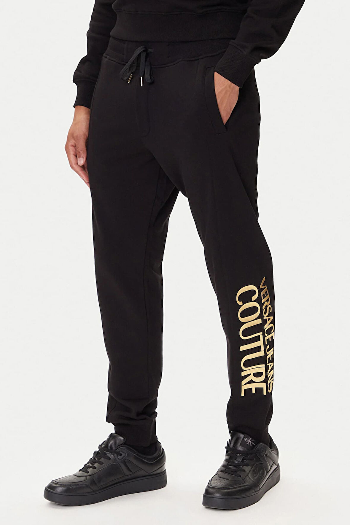 Erkek Regular Fit Altın Rengi Varak Logolu Eşofman Altı - Siyah/Gold | L