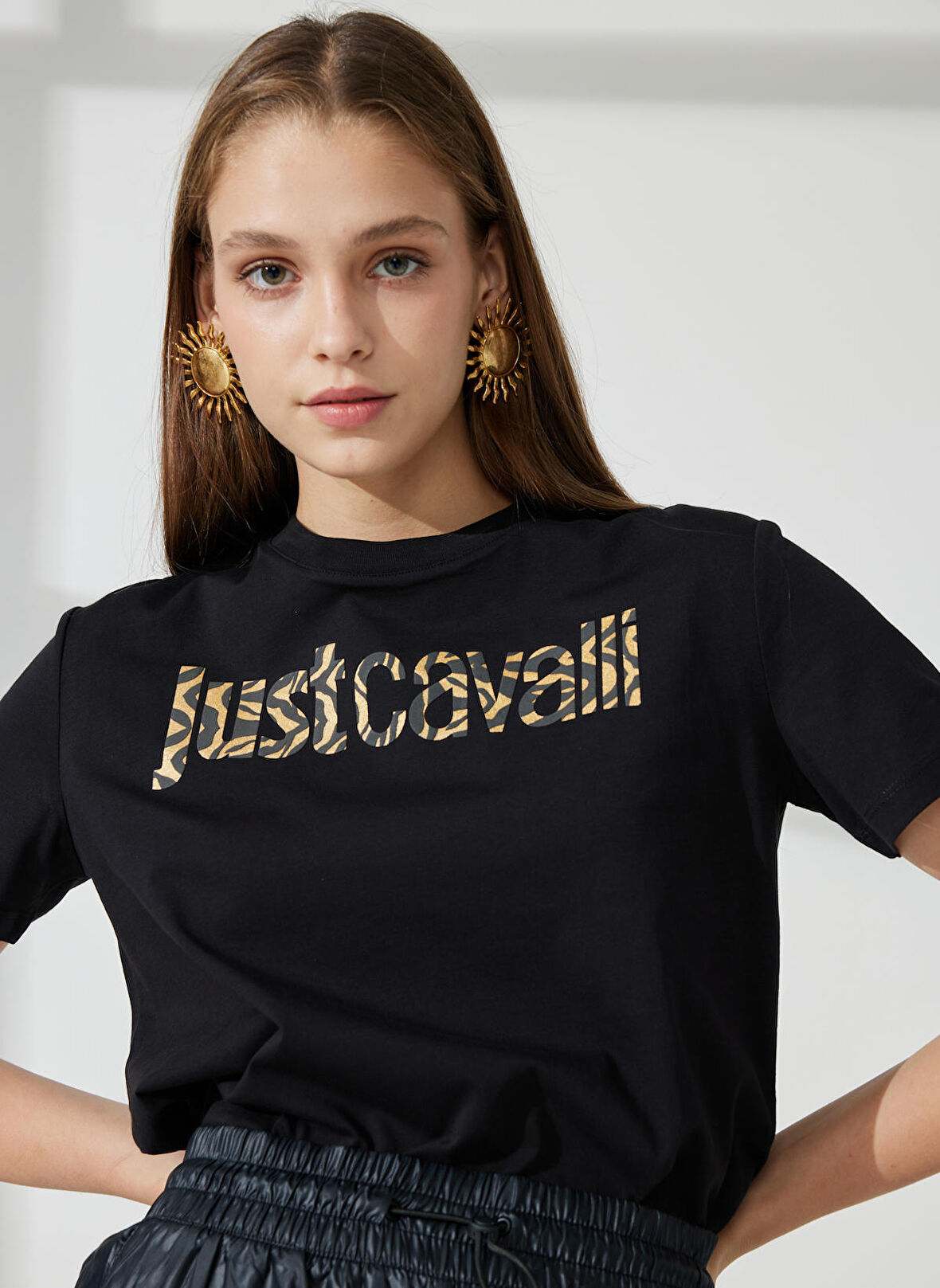 Just Cavalli Bisiklet Yaka Baskılı Siyah Kadın T-Shirt 74PBHG03