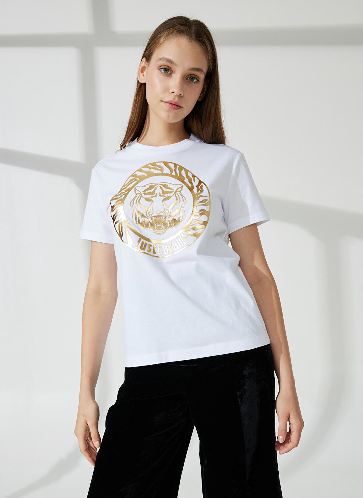 Just Cavalli Bisiklet Yaka Baskılı Beyaz Kadın T-Shirt 74PBHF03