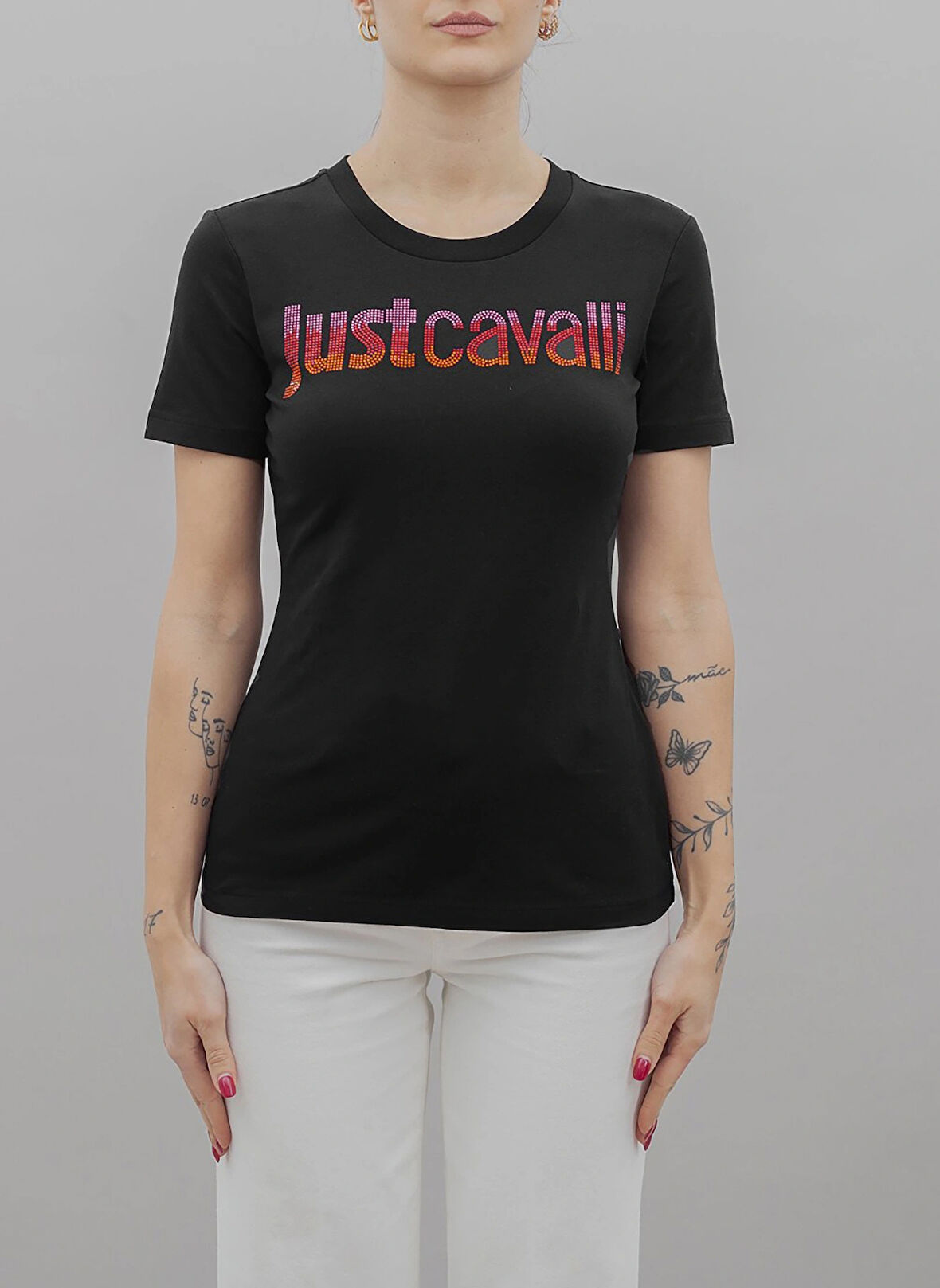 Just Cavalli Yuvarlak Yaka Baskılı Siyah Kadın T-Shirt 76PAHE06