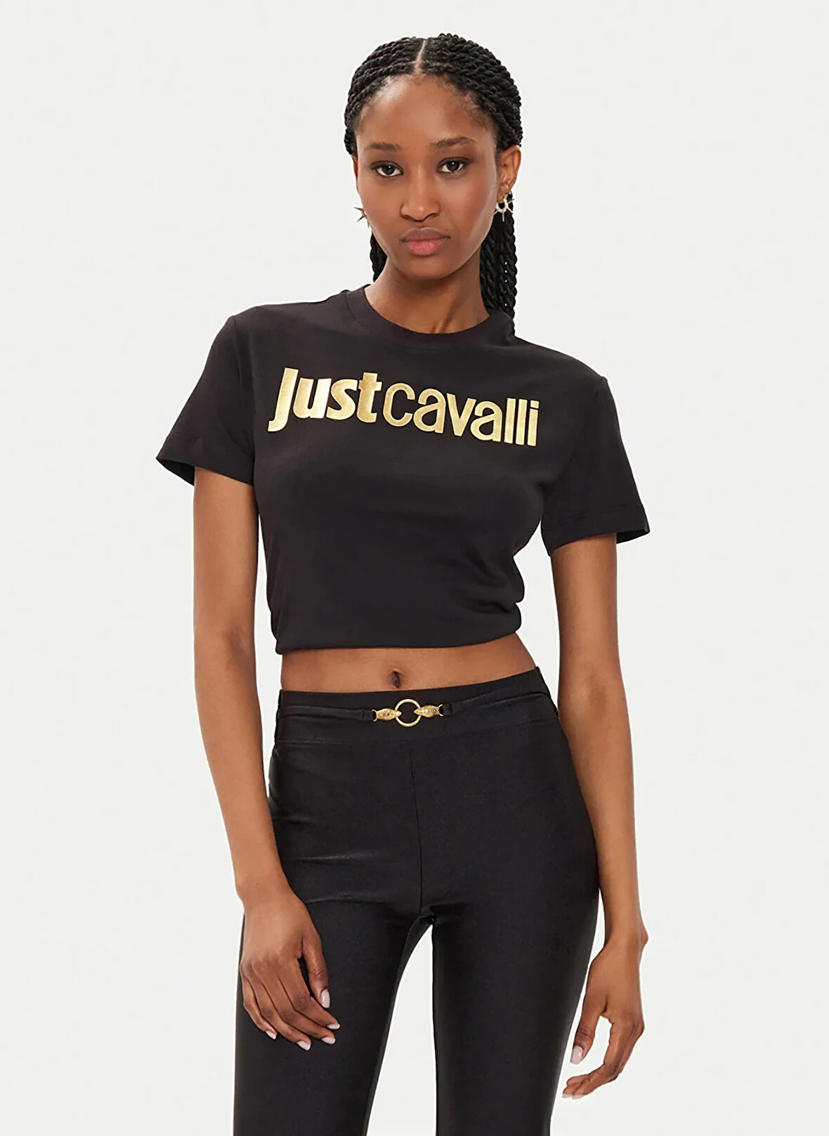 Just Cavalli Yuvarlak Yaka Baskılı Siyah Kadın T-Shirt 76PAHG11