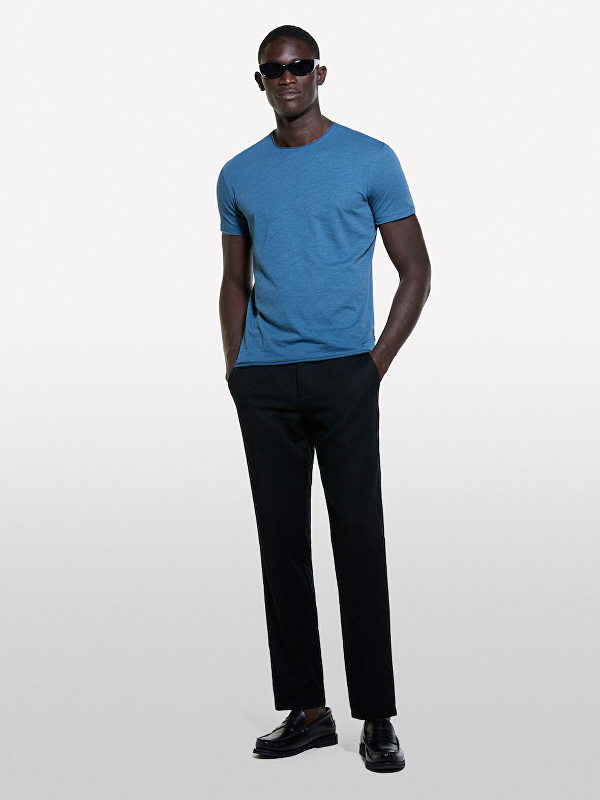 Erk_%100 Pamuk Bisiklet Yaka Slim Fit Slub T-Shirt Erkek Petrol Mavisi T-Shirt - 324A3WF0S101K