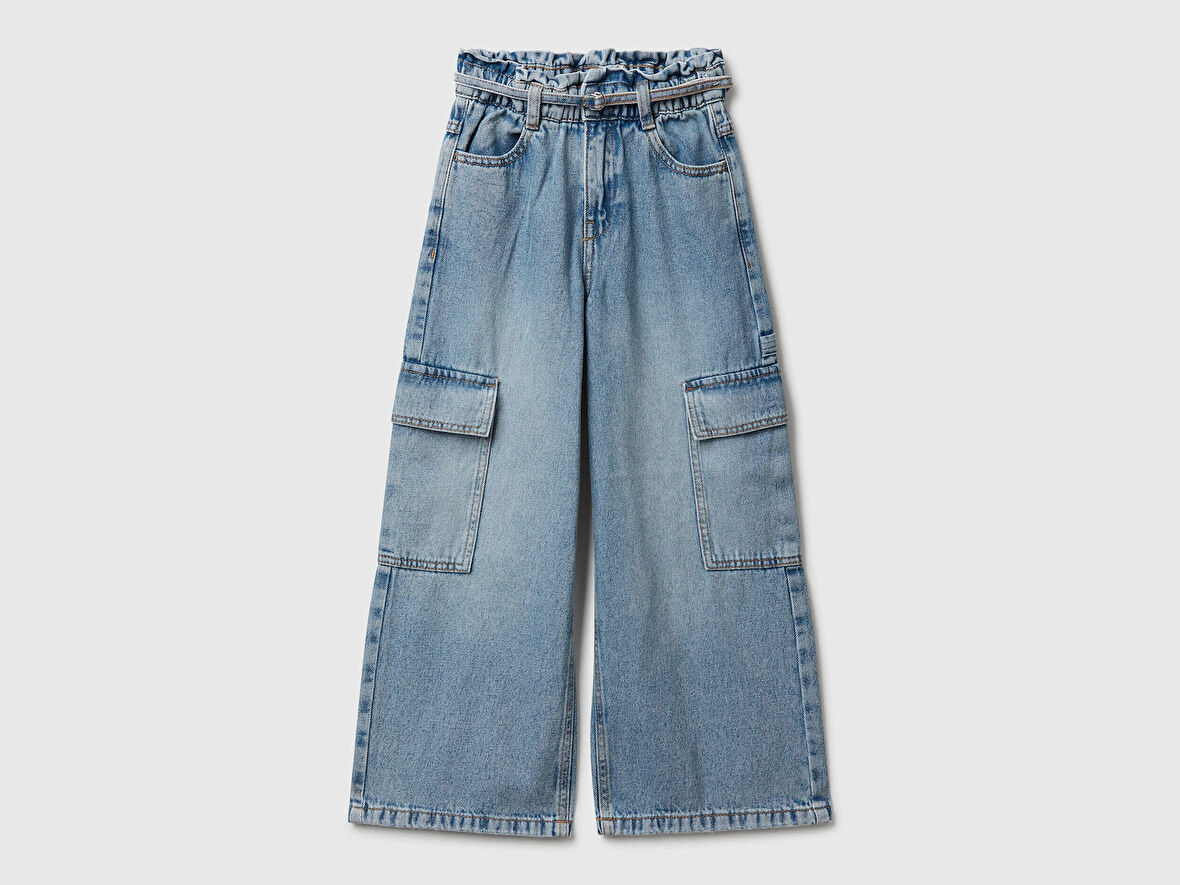Benetton Kız Çocuk Koyu Mavi Beli Bağlamalı Kargo Stili Wide Fit Denim Pantolon