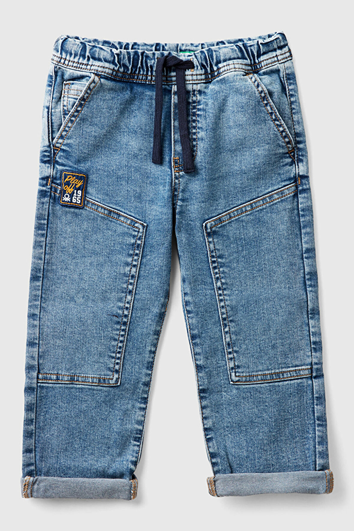 Erkek Çocuk Denim Beli Lastikli Büzgü İpli Kıvrık Paça Denim Pantolon - Mavi | 2-3