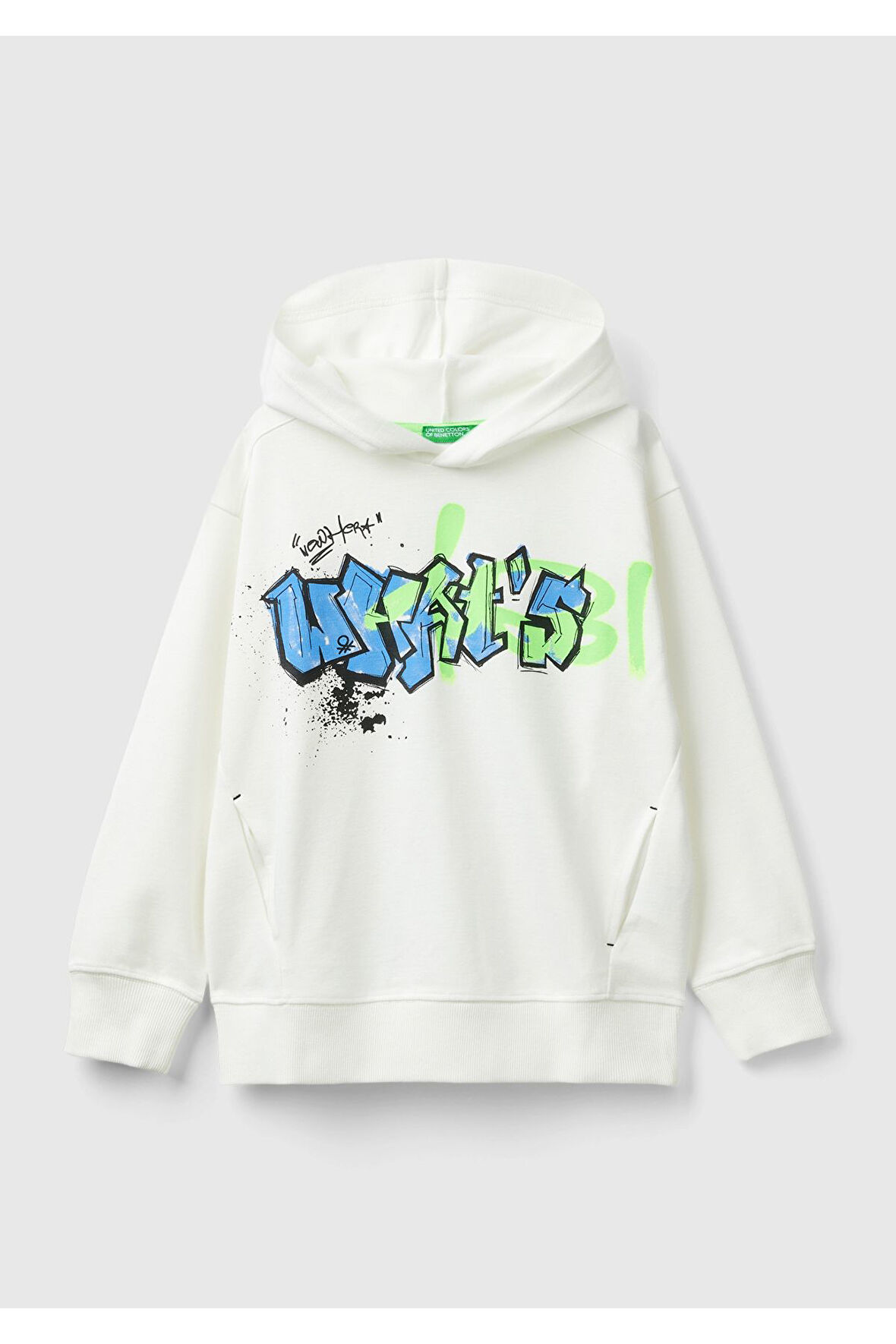 Erkek Çocuk Beyaz Önü Baskılı Arkası Şerit Detaylı Kapüşonlu Sweatshirt