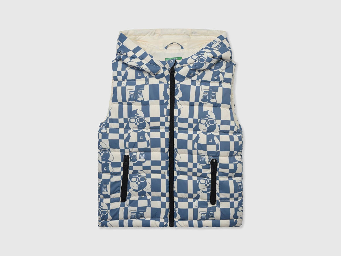 Erkek Çocuk Mavi Beyaz Mix Desenli Ve Kapüşonlu Yelek