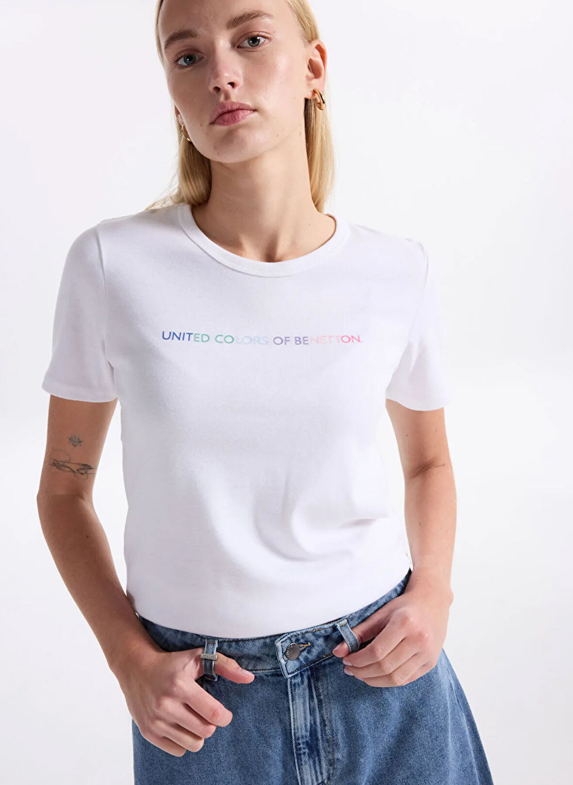 Benetton Bisiklet Yaka Çok Renkli Kadın T-Shirt 3GA2E16A2