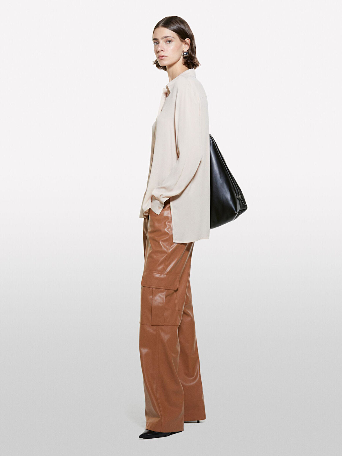 Kdn_%100 Viskoz Önü Kısa Yanları Yırtmaçlı Uzun Kollu Gömlek Kadın Pudra Gömlek - 324A5ZMZLQ07I