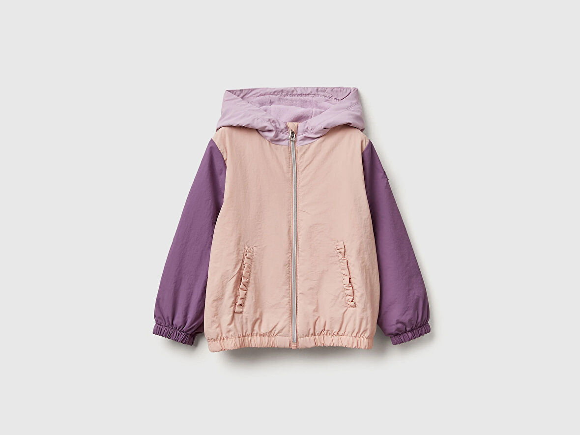 Kız Bebek Beyaz Mix Beli ve Kolu Lastikli Fermuarlı Kapüşonlu Yağmurluk