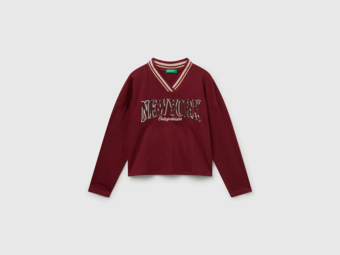 Benetton Kız Çocuk Payet İşlemeli Şeritli V Yaka Boxy Fit Uzun Kollu T-shirt