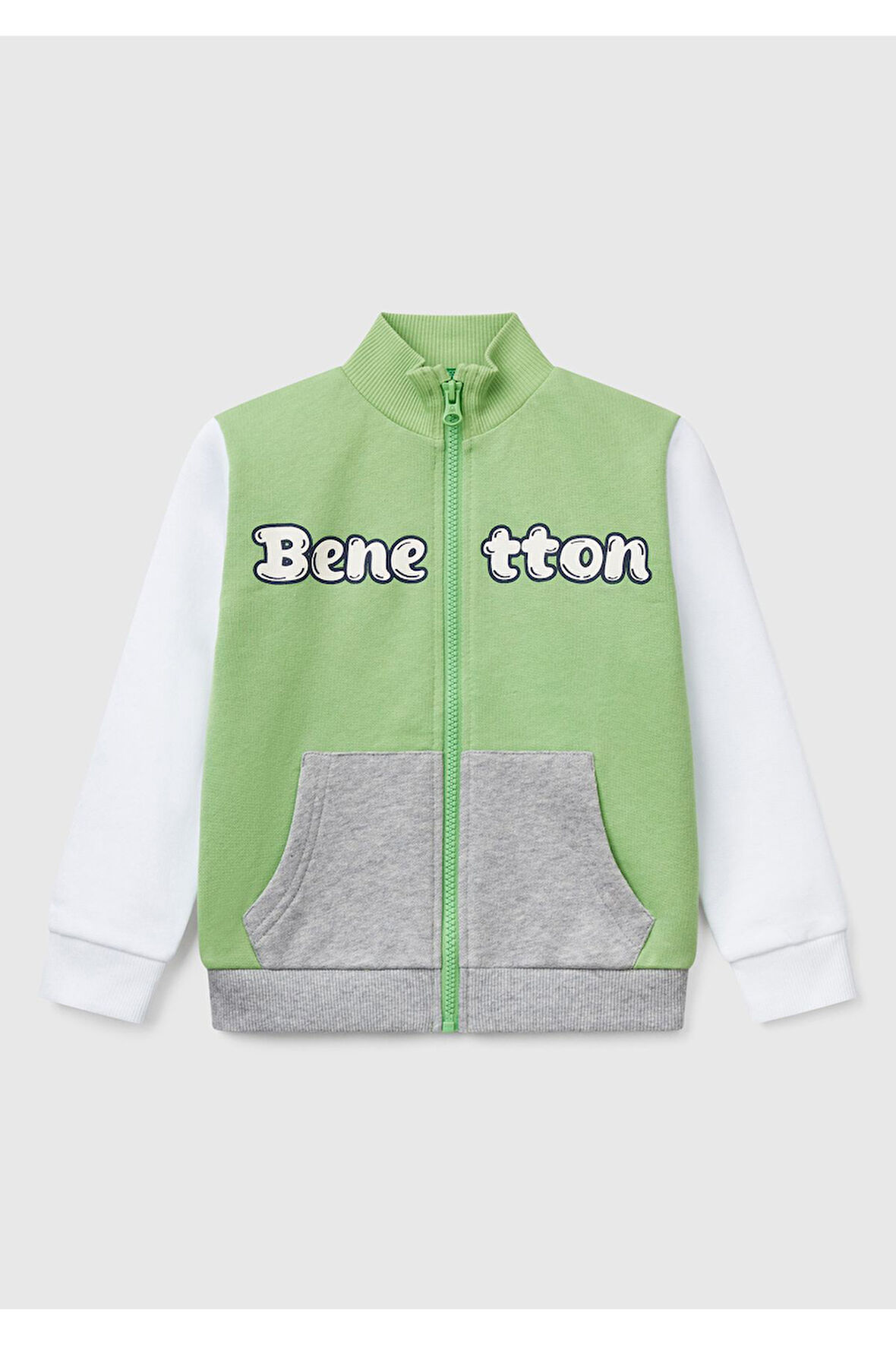 Erkek Çocuk Fıstık Yeşili Benetton Logo İşlemeli Fermuarlı Sweatshirt