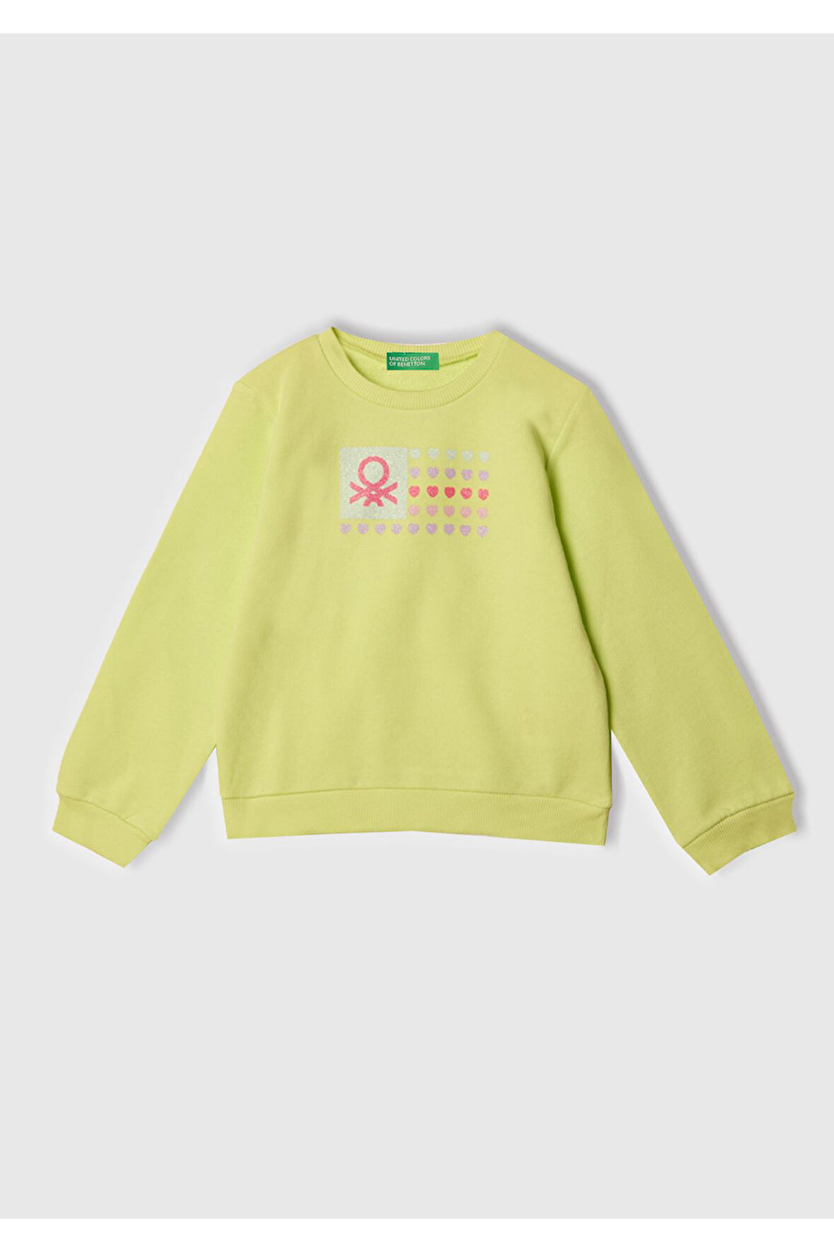 Kız Çocuk Sarı Simli Benetton Logo Baskılı Bisiklet Yaka Sweatshirt