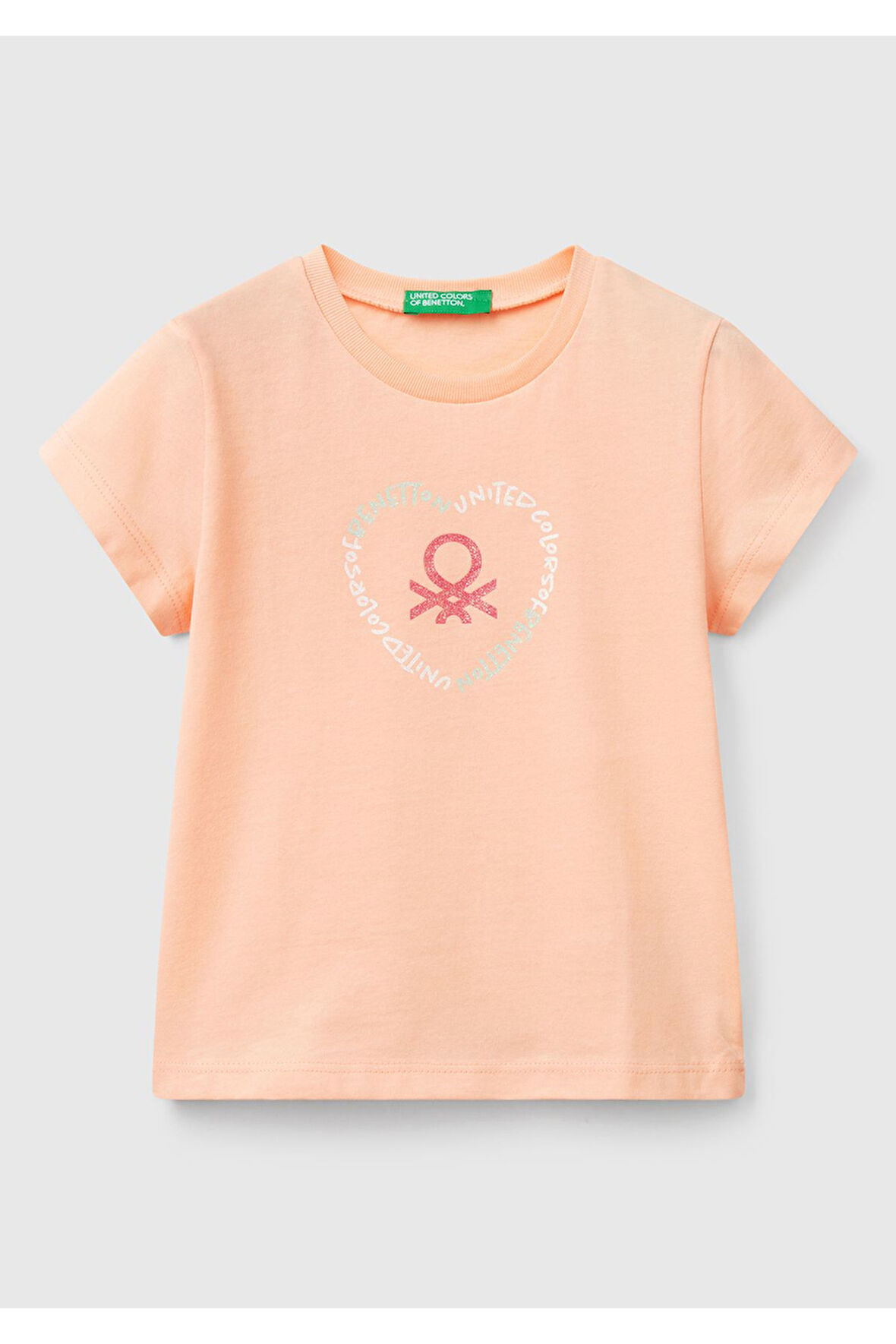 Kız Çocuk Yavruağzı Simli Benetton Logo Baskılı T-Shirt