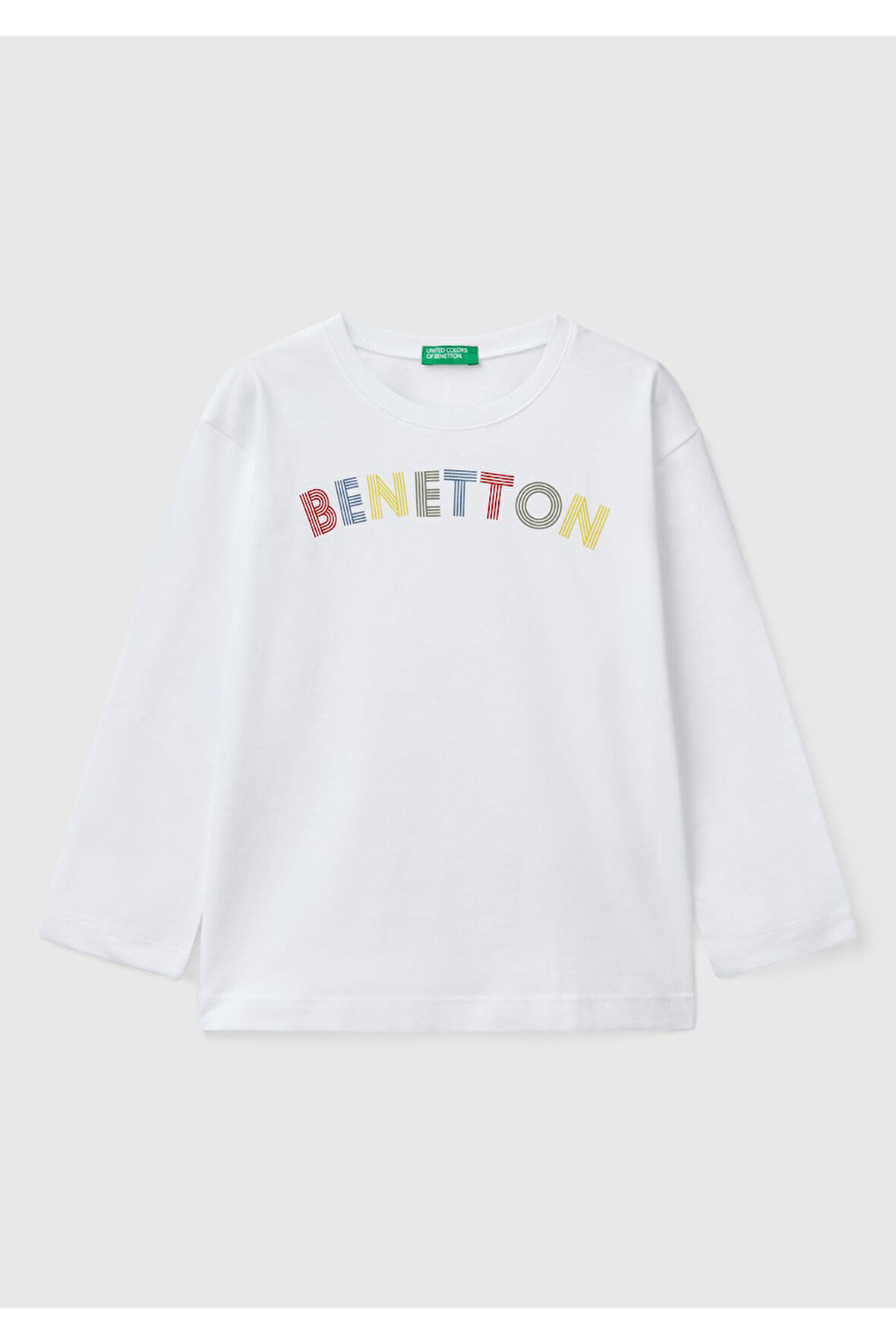 Erkek Çocuk Beyaz Benetton Logo Baskılı Uzun Kollu T-Shirt